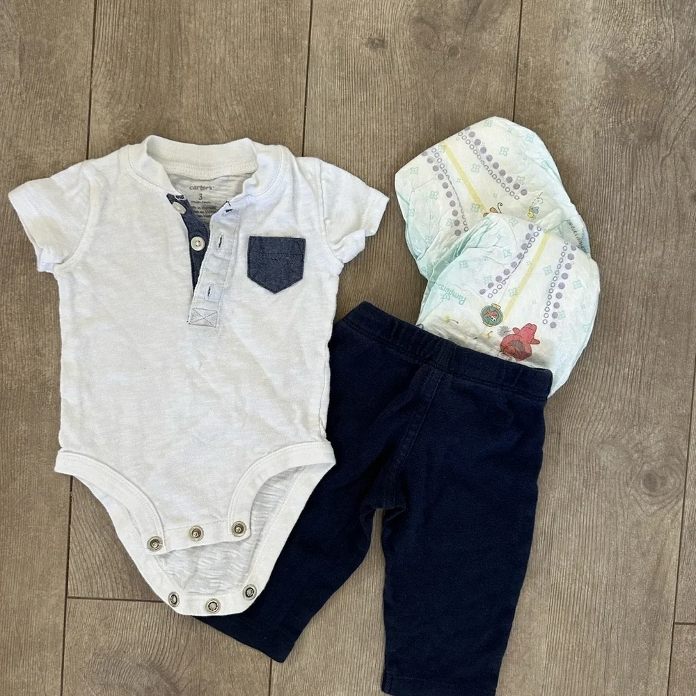 Carters 3 month baby boy matching outfit set and 2 pamper size 1 diapers - Picture 6 of 7